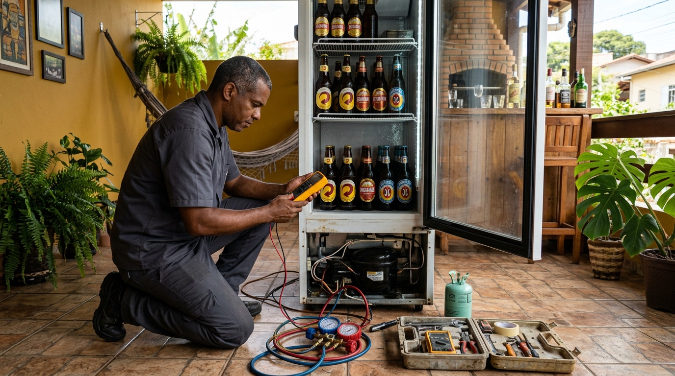 Placa eletrônica de cervejeira em reparo na bancada em Jaboatão dos Guararapes‑PE