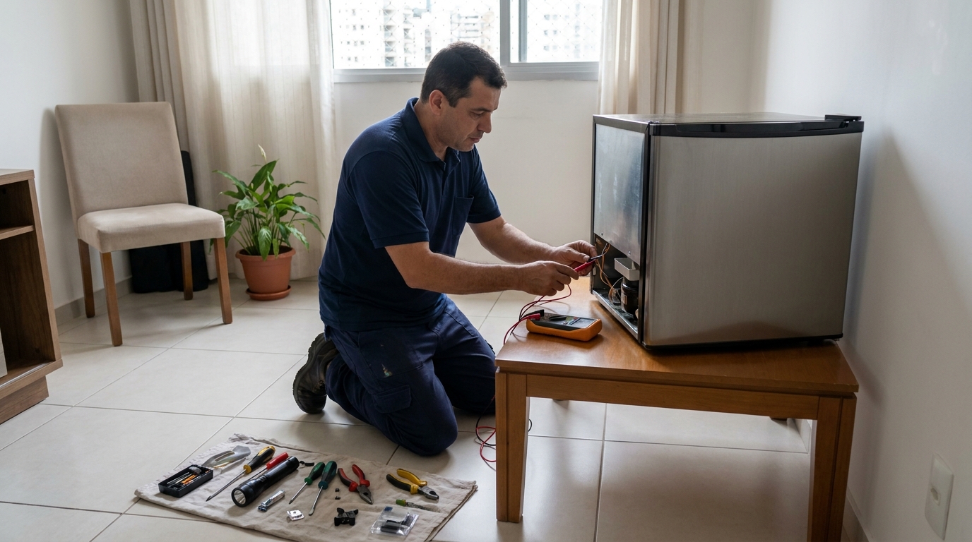 Técnico revisando o motor de um frigobar em Jaboatão dos Guararapes‑PE